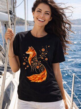 Floral Fox Graphic Tee – Artistic Cotton T-Shirt Black – Size [S/M/L/XL] NEW